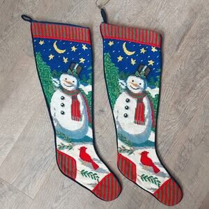 VTG Christmas needlepoint stockings Snowman Cardinal winter scene set 2